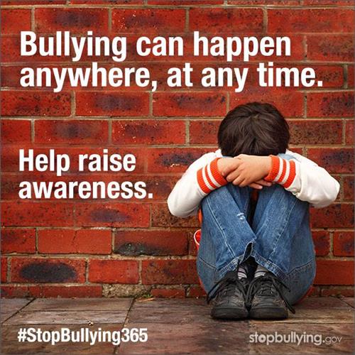 Bullying can happen anywhere, at any time. Help raise awareness. Child with head down and covered  