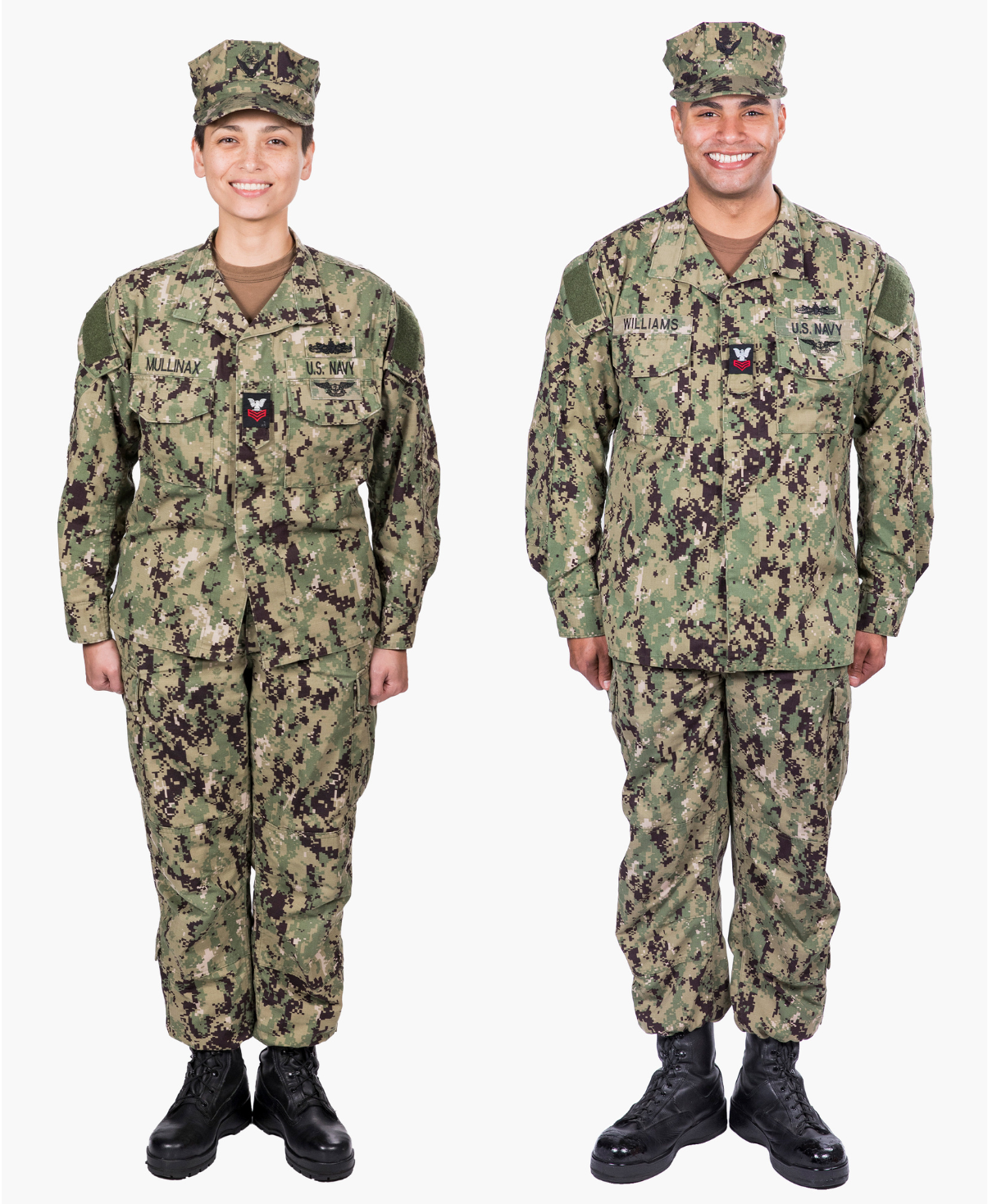 female and male navy 3 uniform